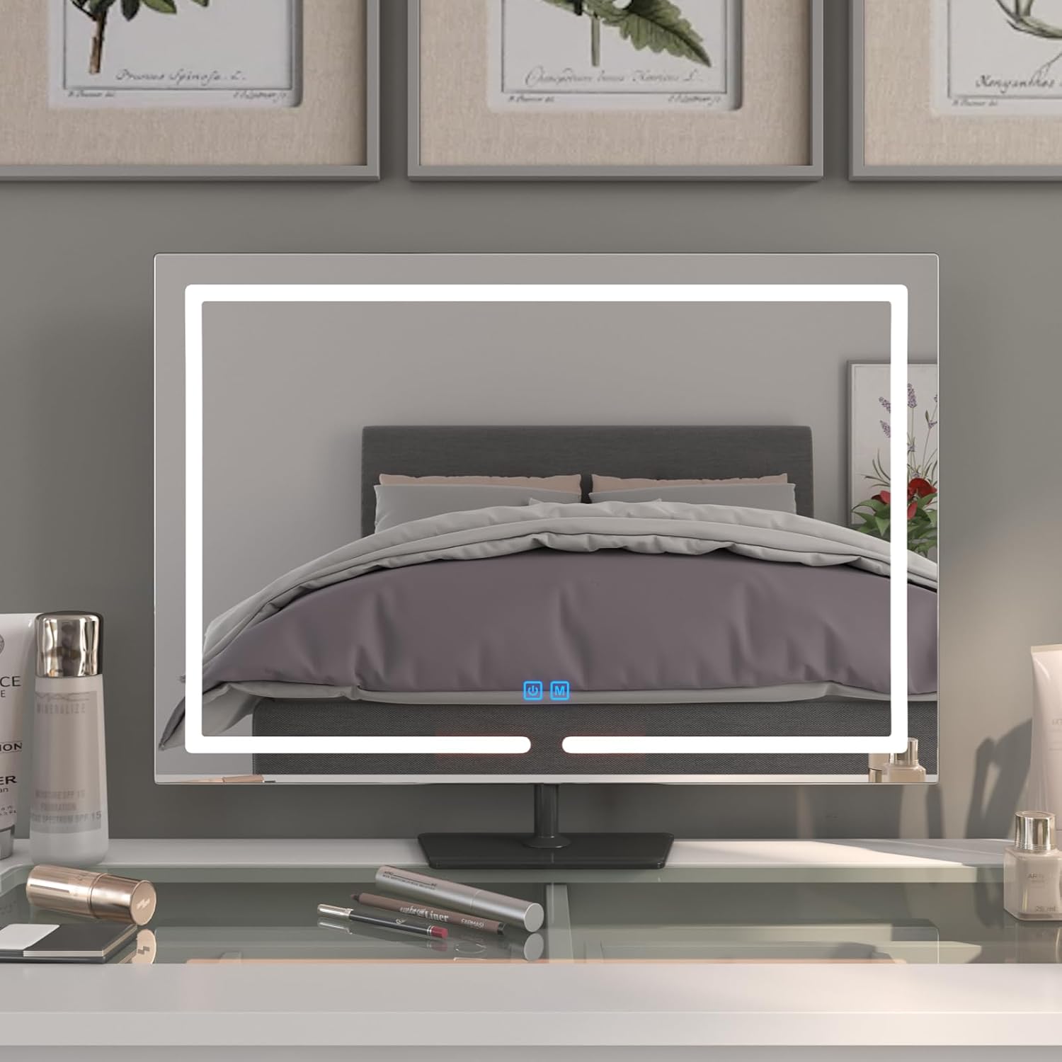 Vanity Mirror with Lights, 23.27 x 17.7 Inch LED Makeup Mirror, Lighted Makeup Mirror with Dimmable 3 Modes, Smart Touch Control, Aluminum Frame and Tempered Glass Base, Dark Gray