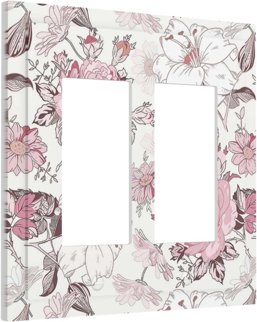 Decorative Outlet Covers Modern Watercolor Flower Pink White Wildflower 2 Gang Double GFCI Rocker Electrical Wall Panels Light Switch Cover Plate for Bedroom Home Decor