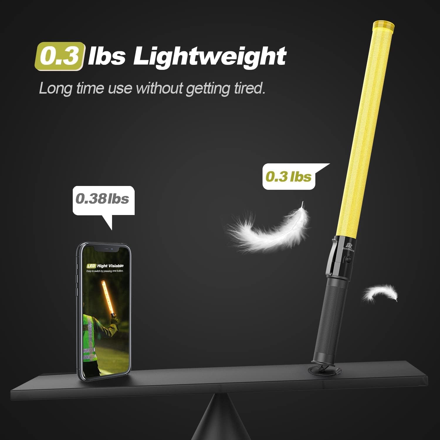 RoadHero 2 Pack 21 Inch Traffic Wand, Yellow Led Traffic Control Baton, Night Safety Light Wands with 2 Flashing Modes, Air Marshaling Signal Wand with Side Clip for Airport, Parking, Car Directing