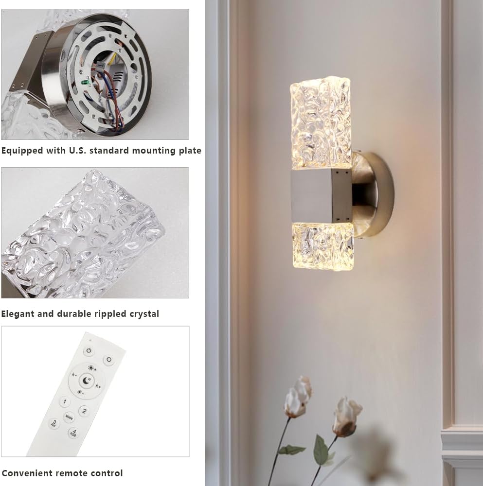 HuisMier Brushed Nickel Crystal Wall Sconce, Modern Dimmable LED Wall Light Fixtures with Remote, K9 Elegant Crystal Vanity Wall Lighting for Bathroom Bedroom Stairway Hallway, Hardwired 3000K-6000K
