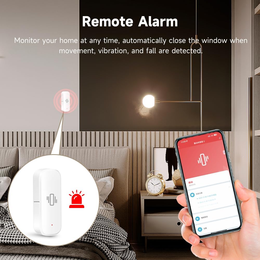 2.4G WiFi Vibration Sensor Shock Alarm Detector SmartLife/Tuya Smart App Notification for Indoor Window Security Door Alarm