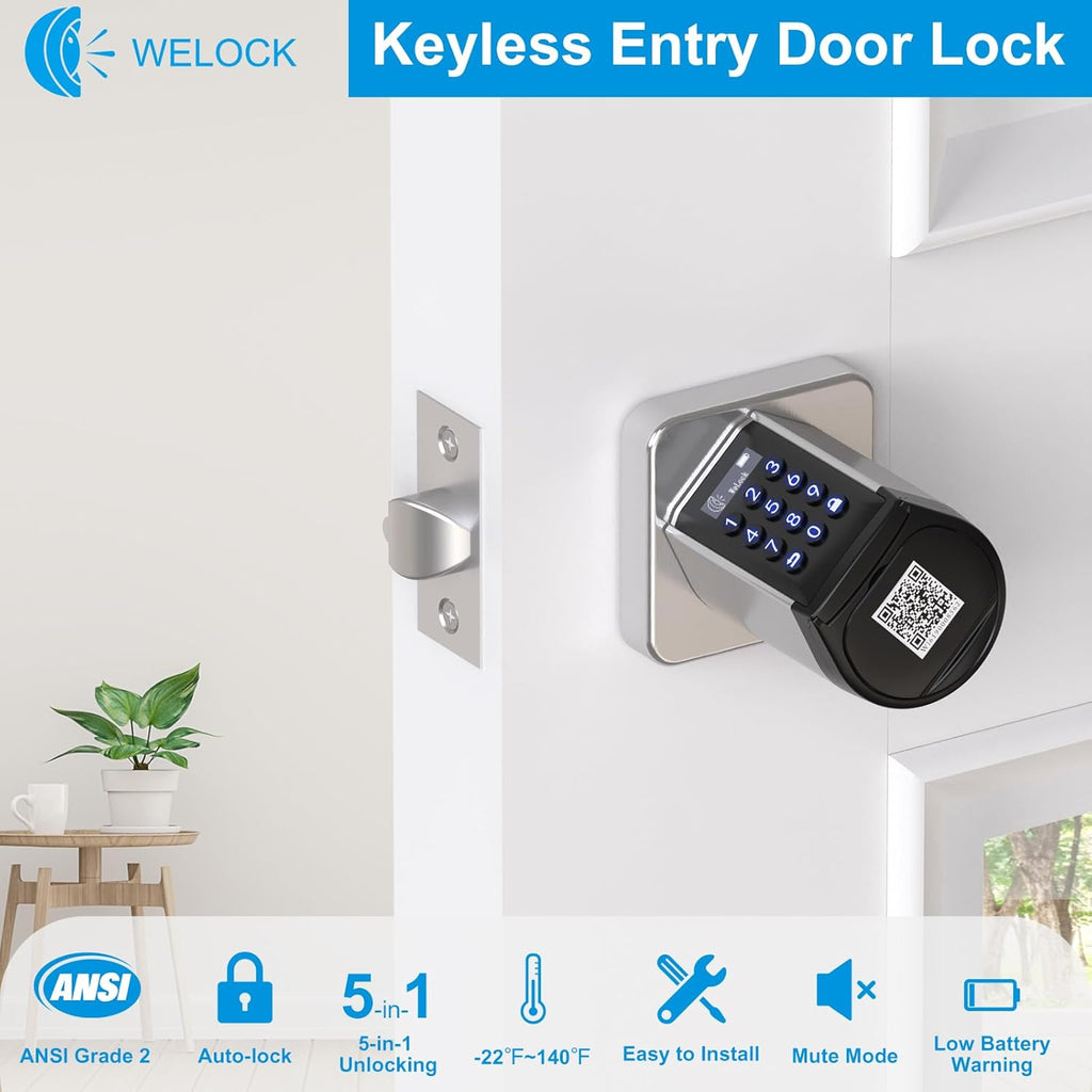 WELOCK WiFi Smart Door Lock, 5-in-1 Keyless Entry Doorknob with Auto-Lock Security, Bluetooth App Control,Passcode,Key Unlock, Easy Installation for Bedroom,Home, Office