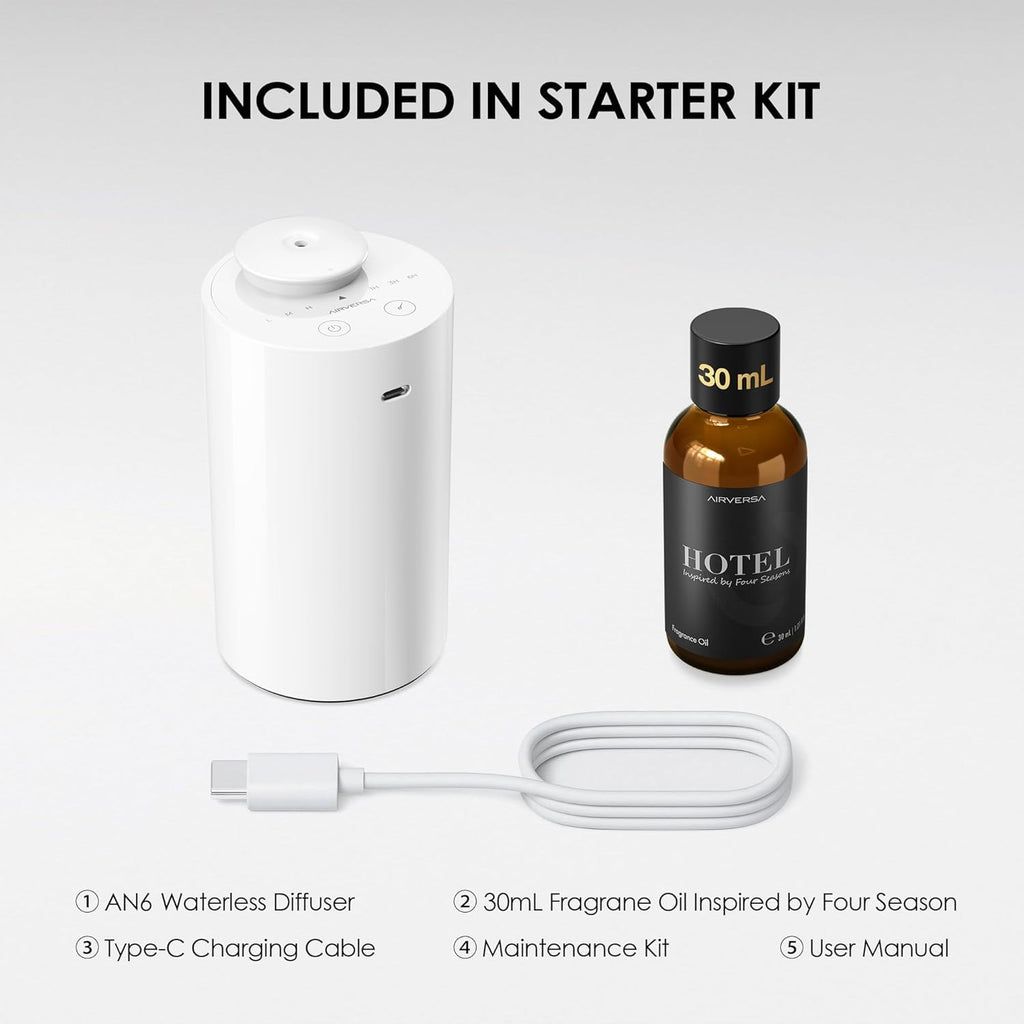 Airversa Waterless Essential Oil Diffuser Starter Kit with 30mL Fragrance Oil Inspired by Four Seasons Hotel, Battery Operated Mini Scent Air Machine Portable Diffuser for Home Car Office, White AN6