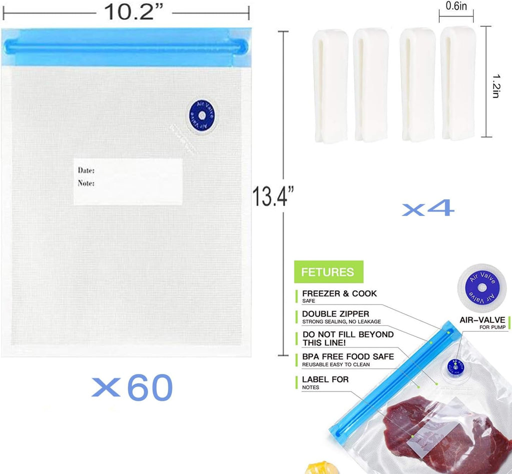 Sous Vide Bags 60pcs Reusable Vacuum Sealer Bags with 4 Sealing Clips, Reusable Vacuum bags for Food Storage and Sous Vide Cooking(10.2x13.4 Inch)