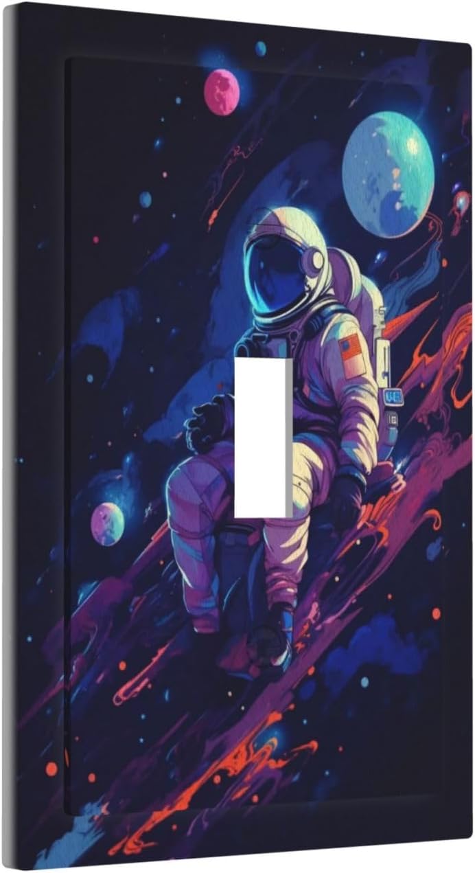 Decorative Light Switch Cover Purple Space Astronaut Planet 1 Gang Wall Plate Oversized Single Toggle Wall Cover Jumbo Electrical Switchplate Face Plate for Bedroom Home Decor