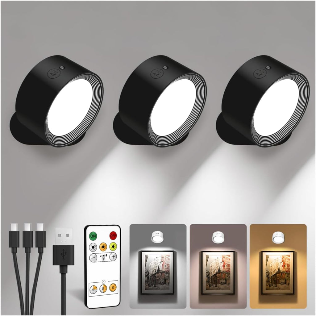 LED Wall Mounted Lights, Rechargeable Wall Sconces with Remote & Touch Control, 3 Color Temperatures 360° Rotation Dimmable Cordless Wall Light for Bedroom Study Reading Bedside (Black, 3 Pack)