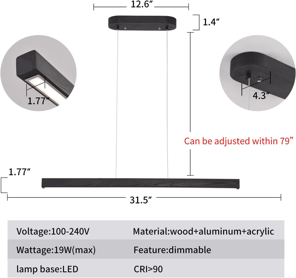 Black Wood Linear Pendant Light – Dimmable LED Chandelier with Remote, Modern Minimalist Lighting for Kitchen Islands, Dining Rooms & Pool Tables (Energy-Efficient 19W)