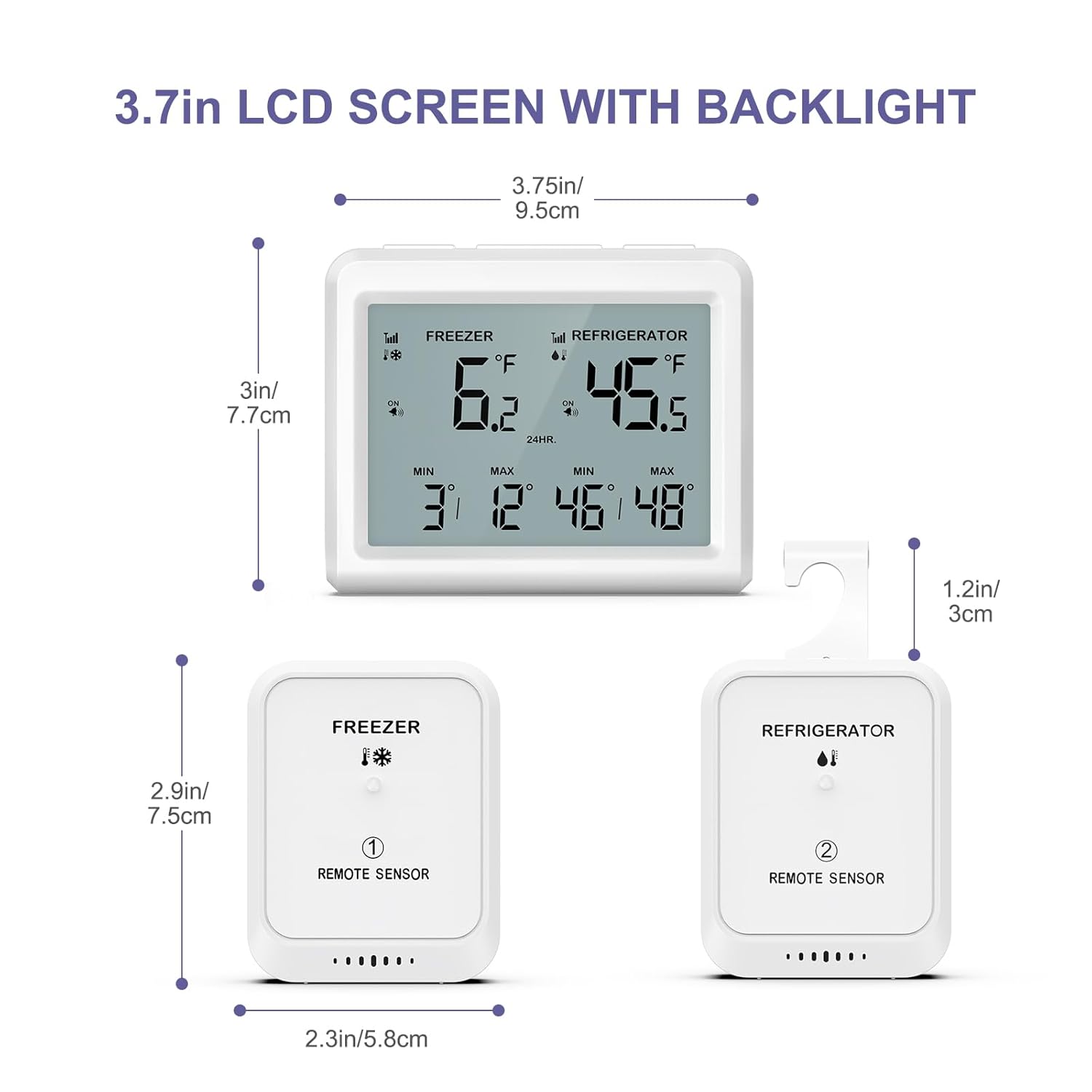 Digital Refrigerator Thermometer - 3.7 inch LCD Backlight Freezer Thermometer with 2 Sensors, Digital Fridge and Freezer Thermometer with Alarm, Max/Min Records, for Homes Restaurants Cellars