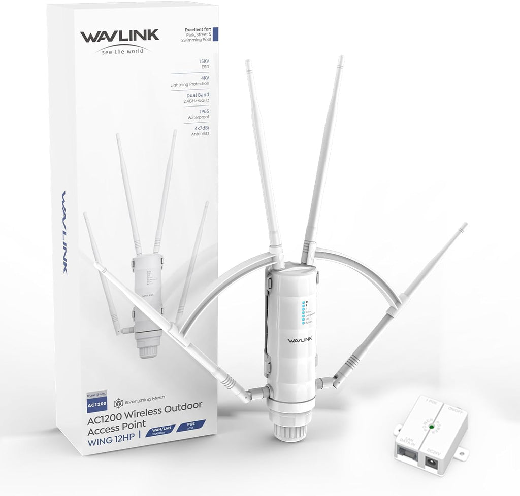 WAVLINK AC1200 Outdoor WiFi Extender, 2026 Long Range Wireless WiFi Booster with PoE, Dual-Band, 4 x 7dBi High-Gain Antennas, Support Mesh/AP/Repeater Modes, IP65 Weatherproof, Starlink Compatible