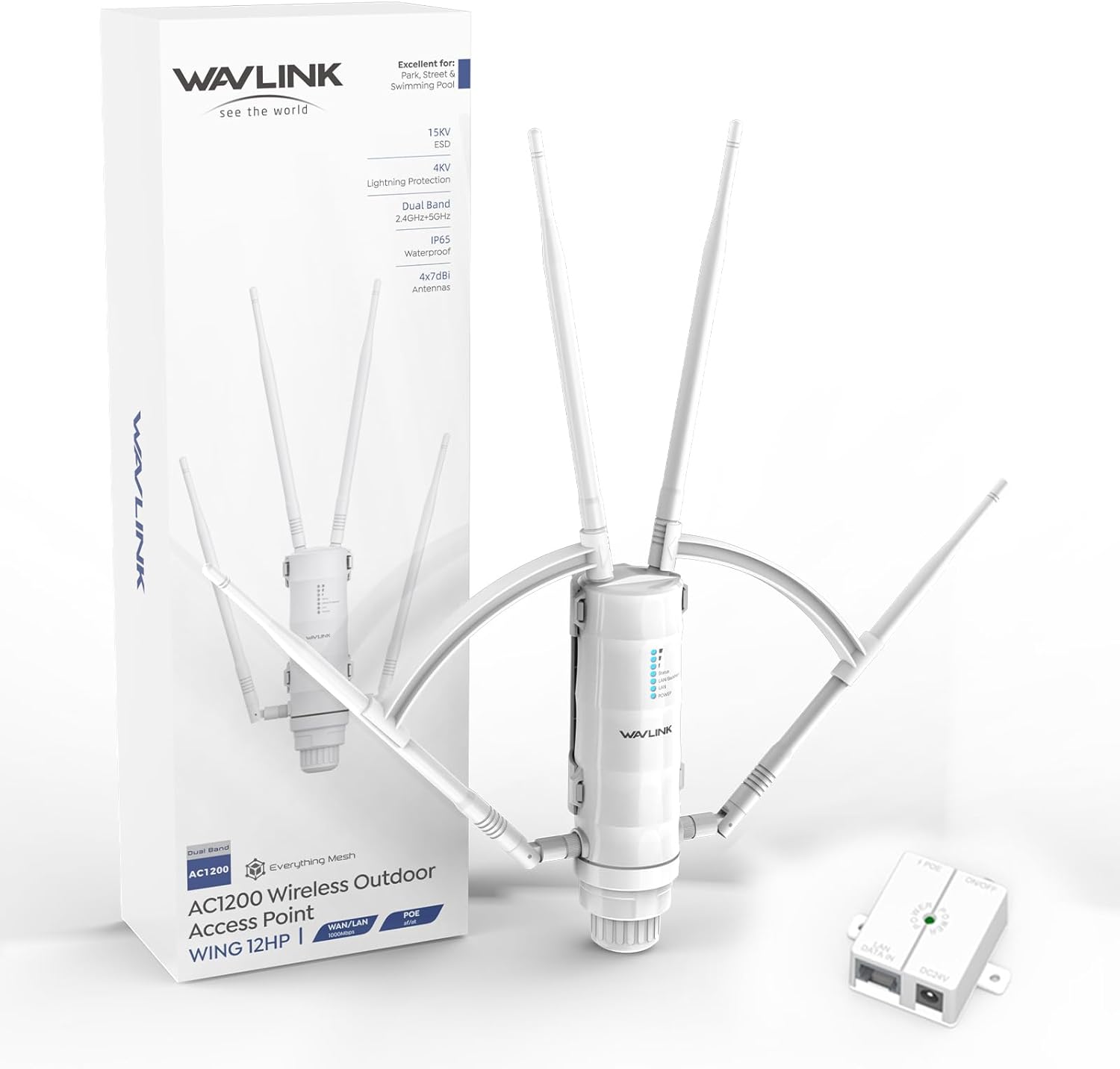 WAVLINK AC1200 Outdoor WiFi Extender, 2026 Long Range Wireless WiFi Booster with PoE, Dual-Band, 4 x 7dBi High-Gain Antennas, Support Mesh/AP/Repeater Modes, IP65 Weatherproof, Starlink Compatible