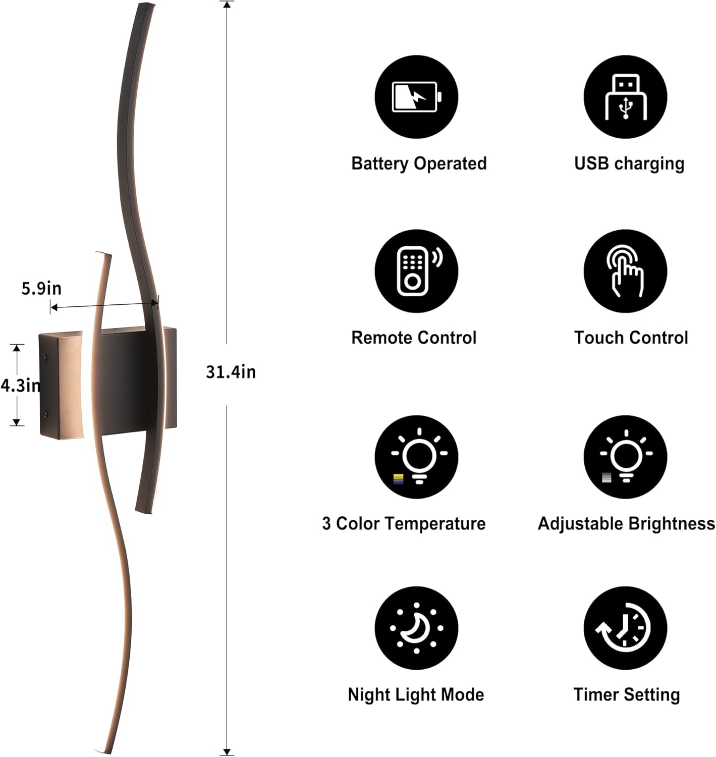 Battery Operated Wall Sconces Set of Two with Remote Control, Dimmable/3 Color/Night-Light/Timer/Memory, Black Modern Wireless LED Sconce for Living Room, Hallway, Bedroom, 31.4 Inch (2 Pack)
