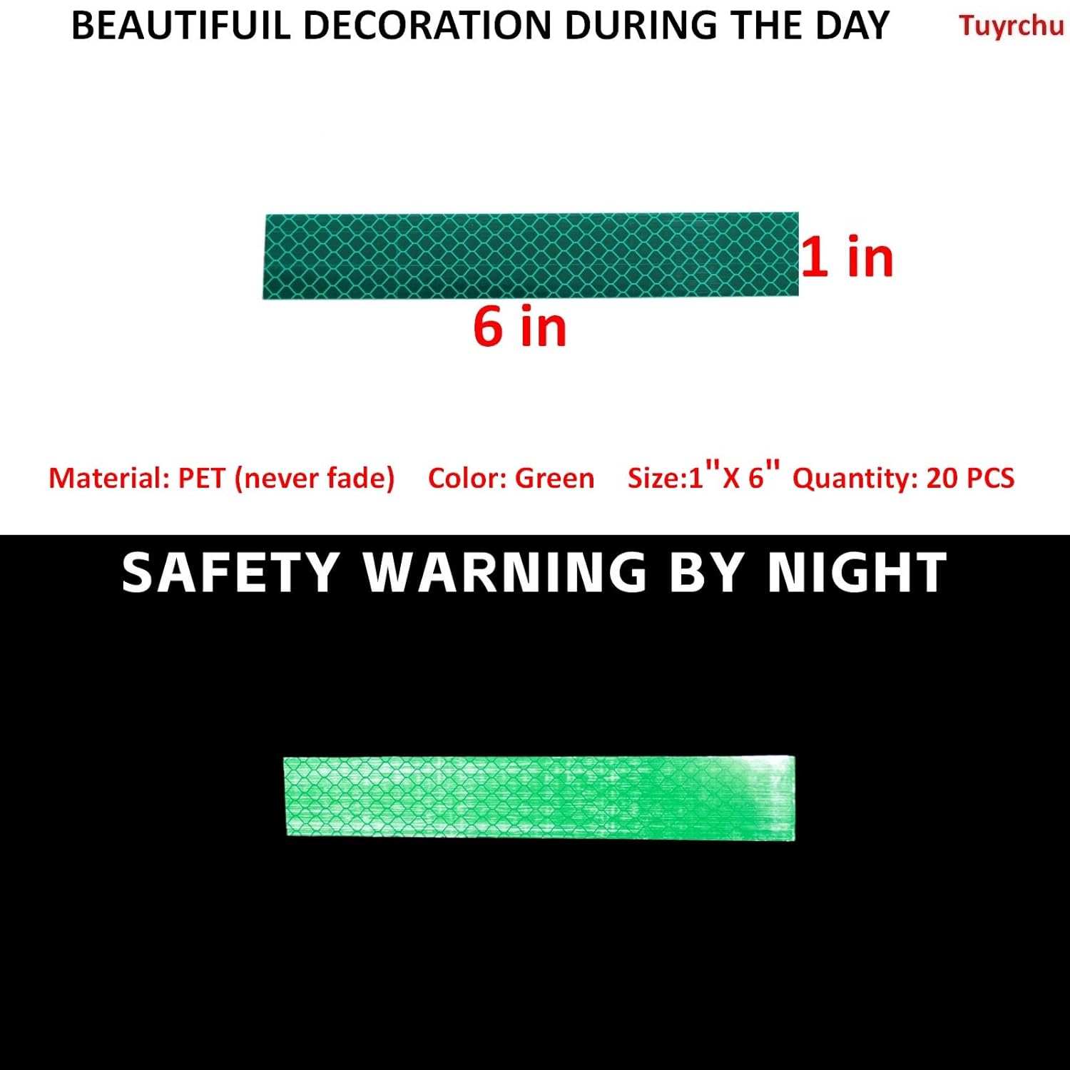 Non Fading Green Reflective Stickers 1 inch X 6 inch, Outdoor Waterproof High Visibility Warning Safety Adhesive Reflector Tape (20 Pcs)