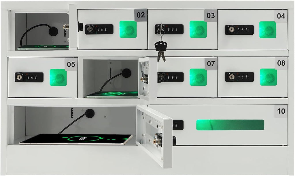 Cellphone Charging Station with Combination Lock, 10 Slots Cellphone Locker Mobile Device Phones Storage Pocket with 3-in-1 Charging Ports for Office Classroom Hotel (10 Slots)