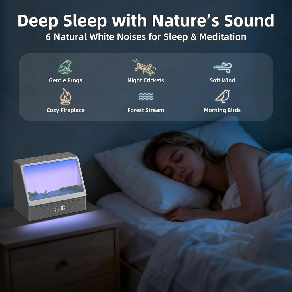 Ocean Sunrise Alarm Clock Wake Up Light, 6 Nature Scenes, White Noise, Sunset Simulation, Sleep Aid Night Light for Bedroom, Kids and Adults