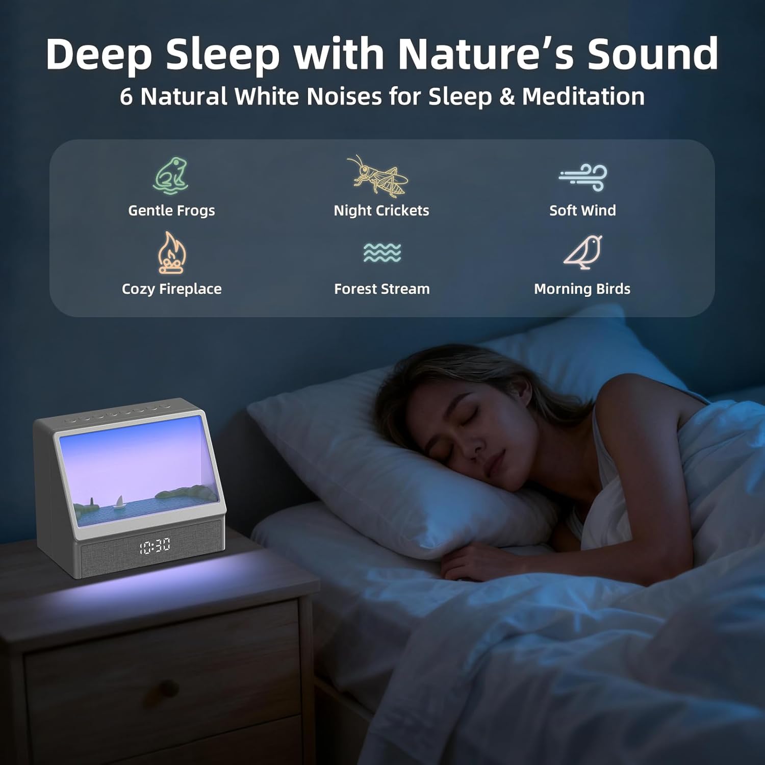 Ocean Sunrise Alarm Clock Wake Up Light, 6 Nature Scenes, White Noise, Sunset Simulation, Sleep Aid Night Light for Bedroom, Kids and Adults