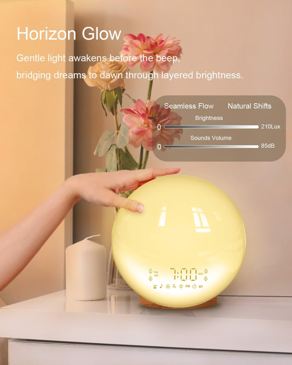 Smart APP Sunrise Alarm Clock with 4 Alarms & Natural Sounds for Heavy Sleepers, App No Signup, Wake Up Light, 11 Night Ligh, Sleep Aid 7 White Noise Machines & FM, Wireless Speaker (Wood Grain, 1PCS)