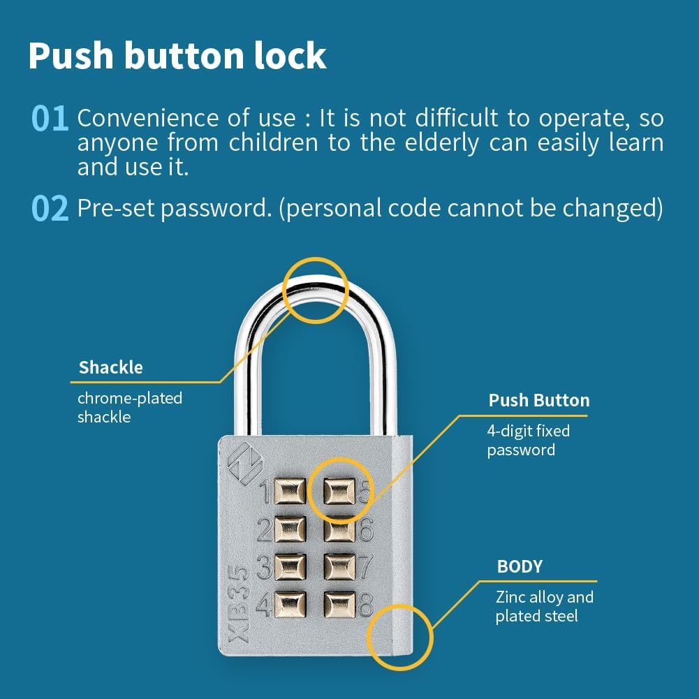 XB35 8-Digit Push Button Combination Padlock, 4 Digit Locking Mechanism, Gray, 1-Pack