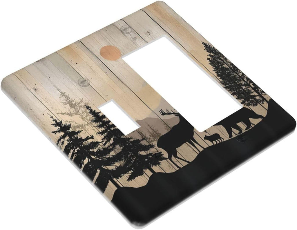 Outlet Covers Wood Board Wildlife Cute Bear Deer Forest Rustic 1 Toggle 1 Rocker Combination Decorative Wall Plate Electrical Switch Plates Light Switch Cover Plate for Bathroom Farmhouse