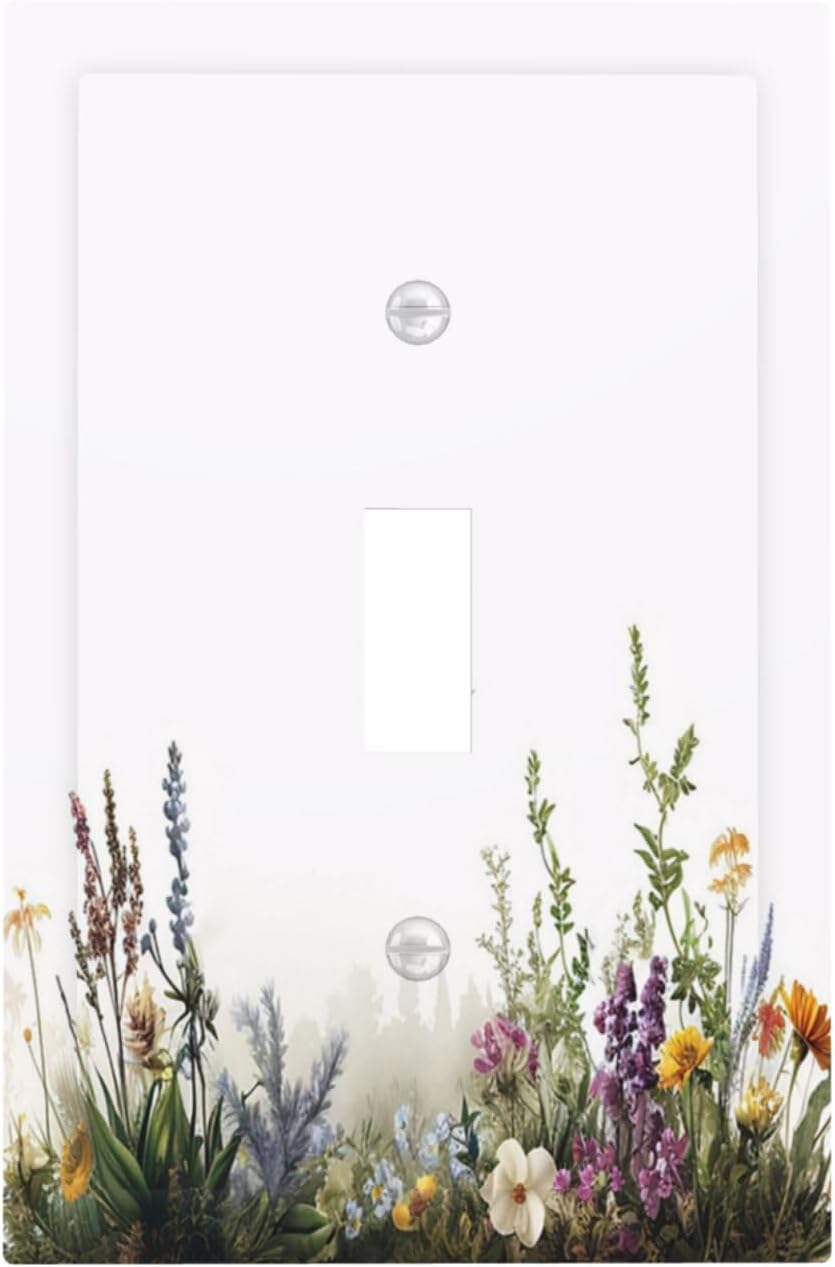 Decorative Light Switch Cover Plate White Background Colorful Flowers Plants Green Leaves 1 Gang Single Toggle Wall Plate Electrical Outlet Covers Decorate Switch Plate Cover for Bedroom Home Decor
