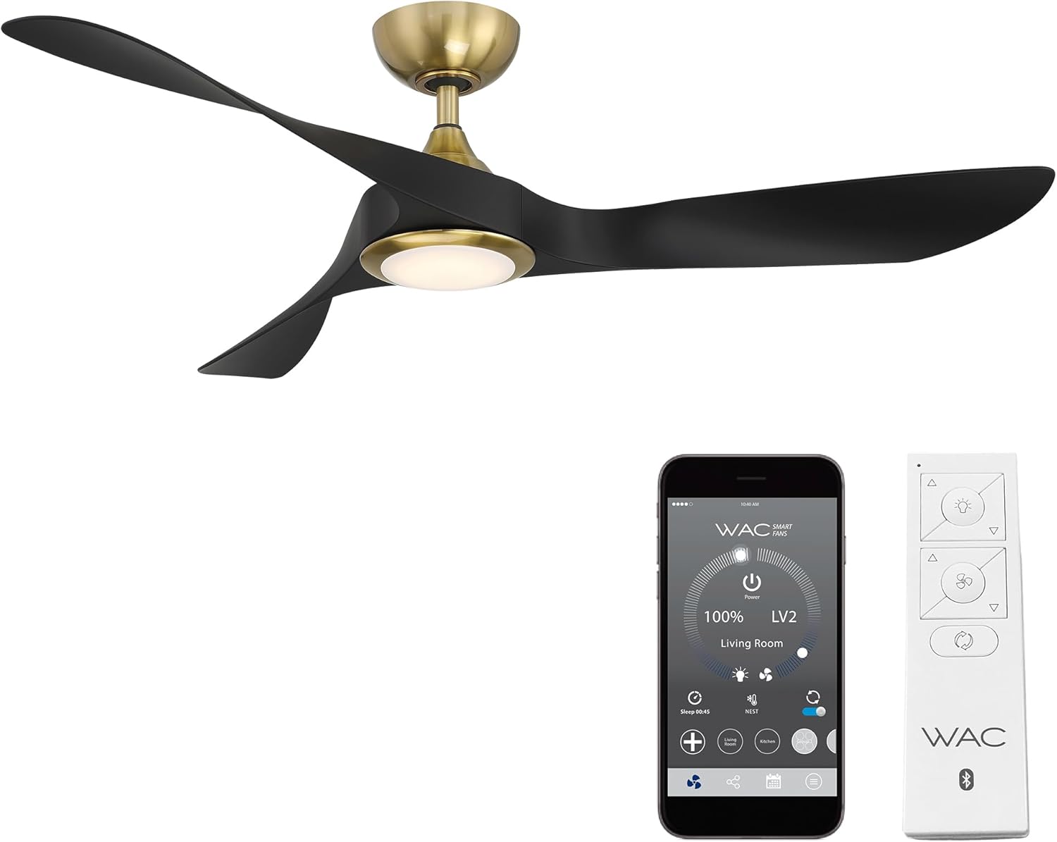 WAC Lighting Swirl 3-Blade Aluminum Smart Ceiling Fan in Soft Brass/Matte Black