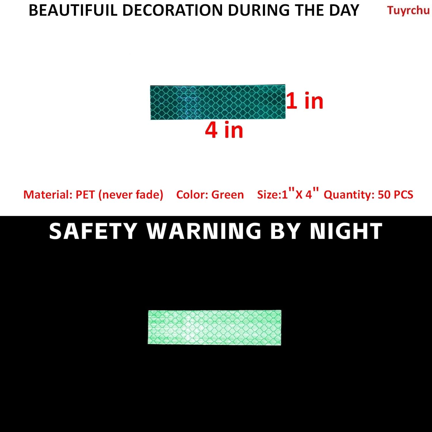 Non Fading Green Reflective Stickers 1 inch X 4 inch, Outdoor Waterproof High Visibility Warning Safety Adhesive Reflector Tape (50 Pcs)