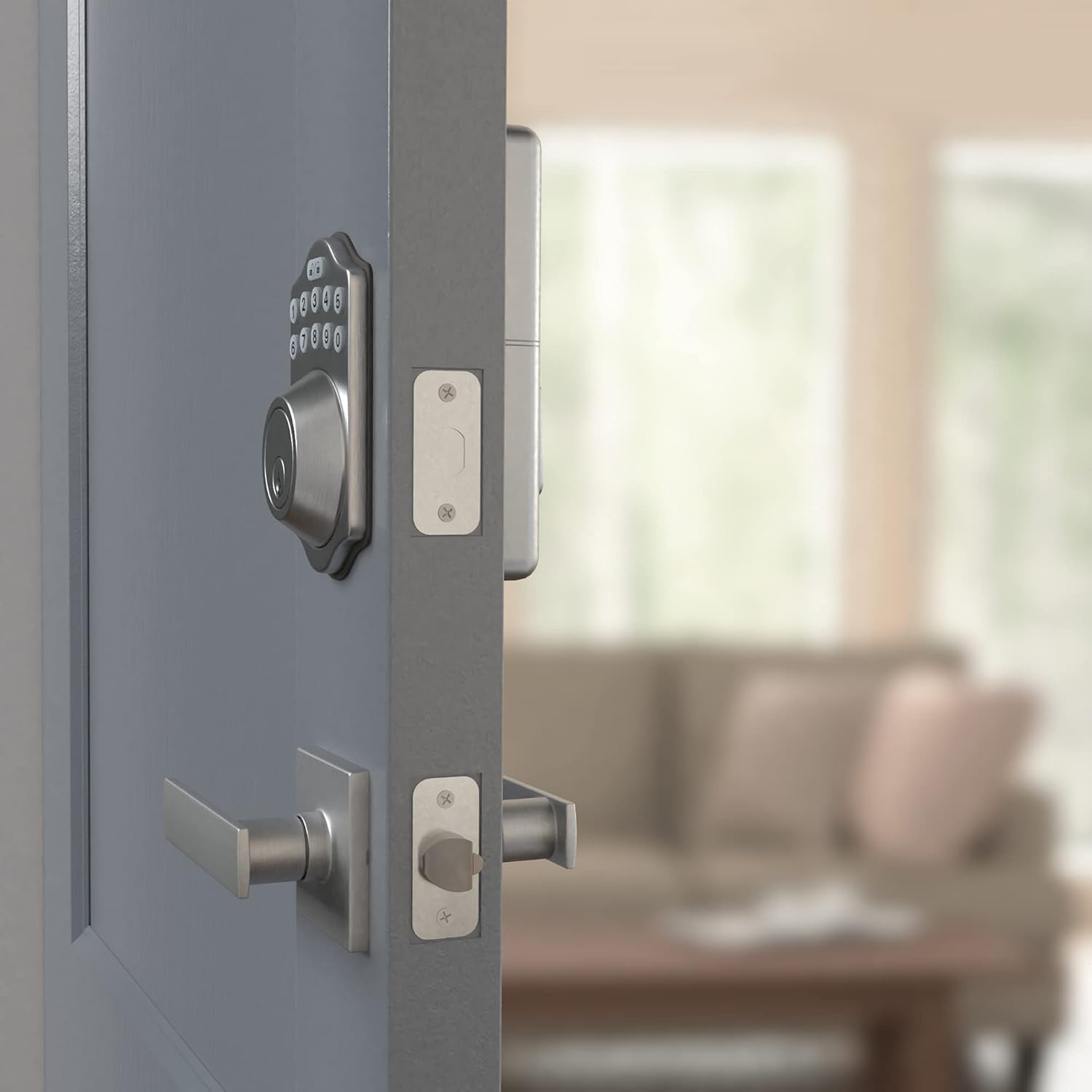 Amazon Basics Traditional Electronic Keypad, Keyless Entry Door Lock Deadbolt with Handle Set, Key Pad Front Door with Knob, Traditional Door Locks for Front Door, Door Handle, Satin Nickel, 6-Pack