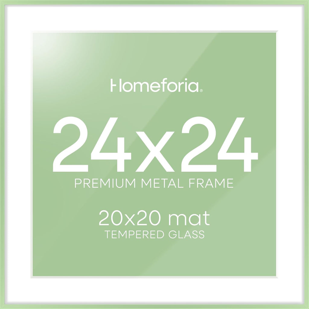 Homeforia 24x24 Picture Frame Sage Green, High End Metal 24 x 24 Large Square Poster Frames with Mat 20 by 20 inch Photo, 24by24 Thin Frames Matted to 20x20 for Art, Tempered Glass, Wall Kit, Set of 1