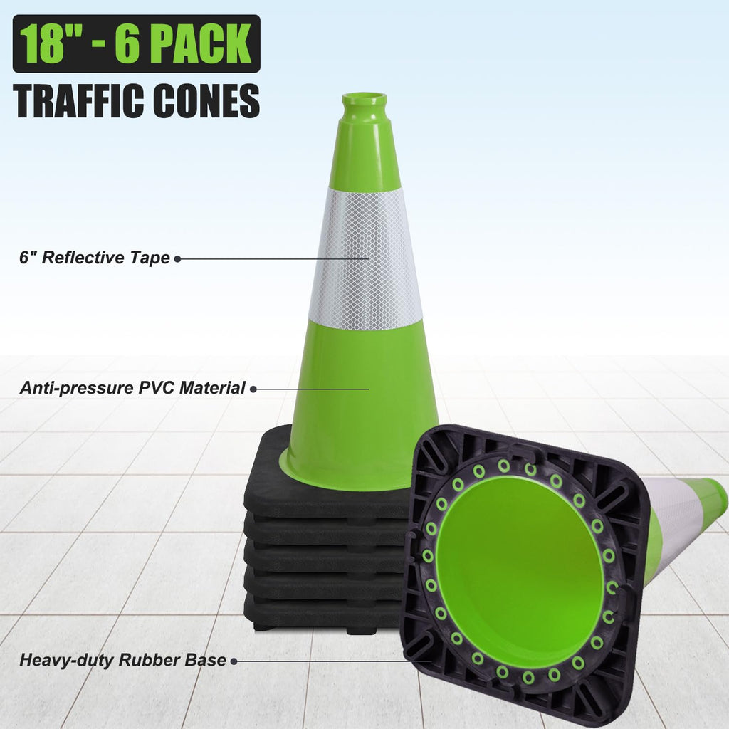 6 Pack 18" Inch Green PVC Traffic Cones with Heavy-Duty Base, High-Visibility All-Weather Safety Cones for Road Construction, Parking Lot, and Garage Use (6, Green, 18" Medium)