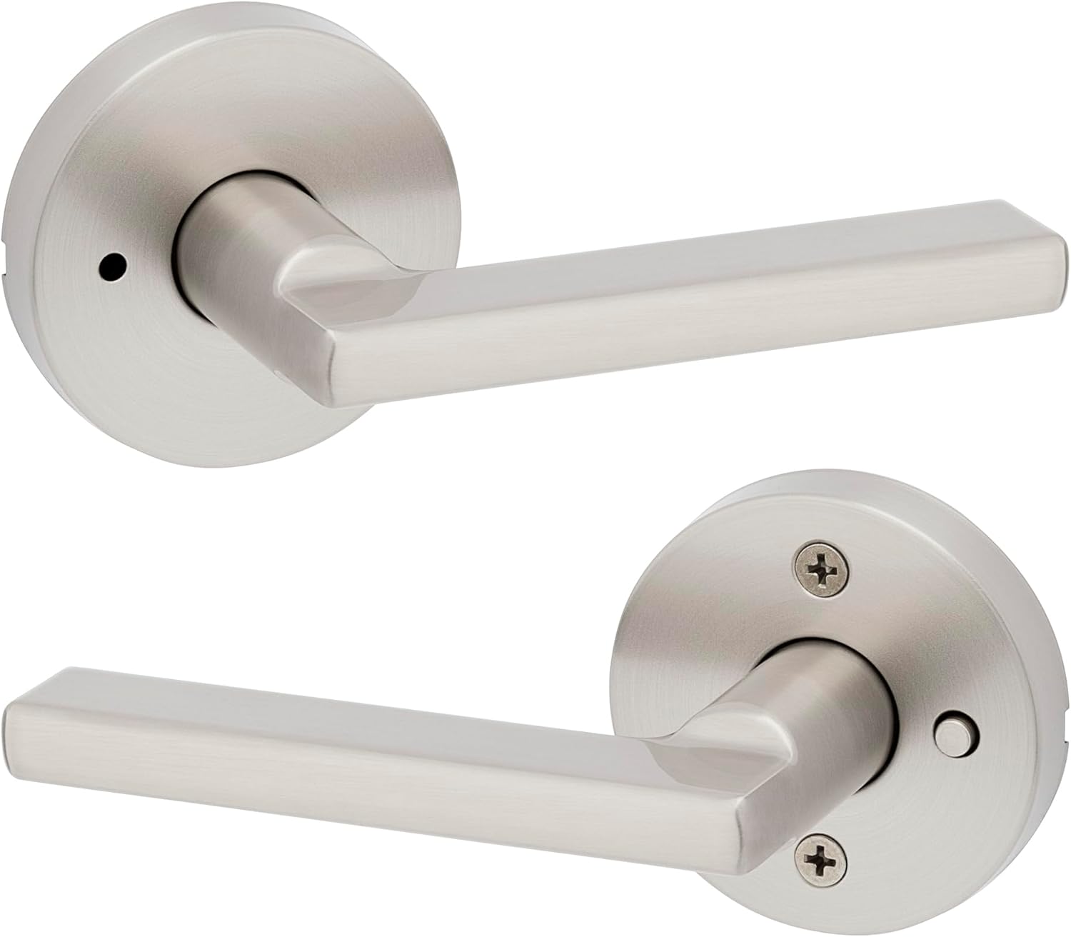 Kwikset Halifax Interior Privacy Door Handle with Lock, Round Lever for Bathroom and Bedroom, Satin Nickel Reversible Keyless Push Button Lock Door Lever, with Microban Protection