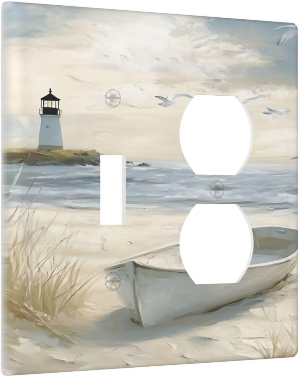 Decorative Outlet Covers Seascape Painting with Lighthouse Boats 2 Gang Wall Plate Single Toggle Duplex Combo Light Switch Covers Switch Plate Cover for Bedroom Home Decor