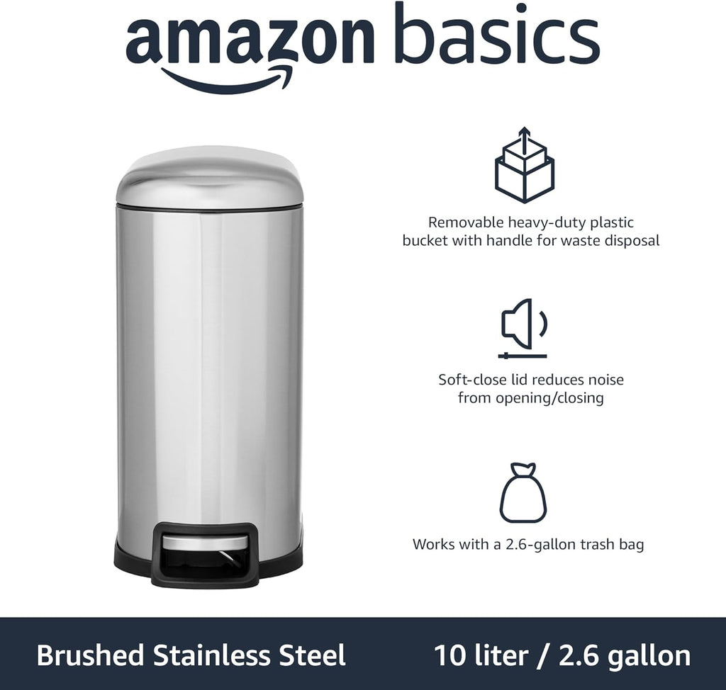 Amazon Basics D-Shaped Small Trash Can with Lid and Soft-Close Foot Pedal for Bathroom, Bedroom, Living Room, Office, Smudge Resistant, 10 l / 2.6 gallon, Silver