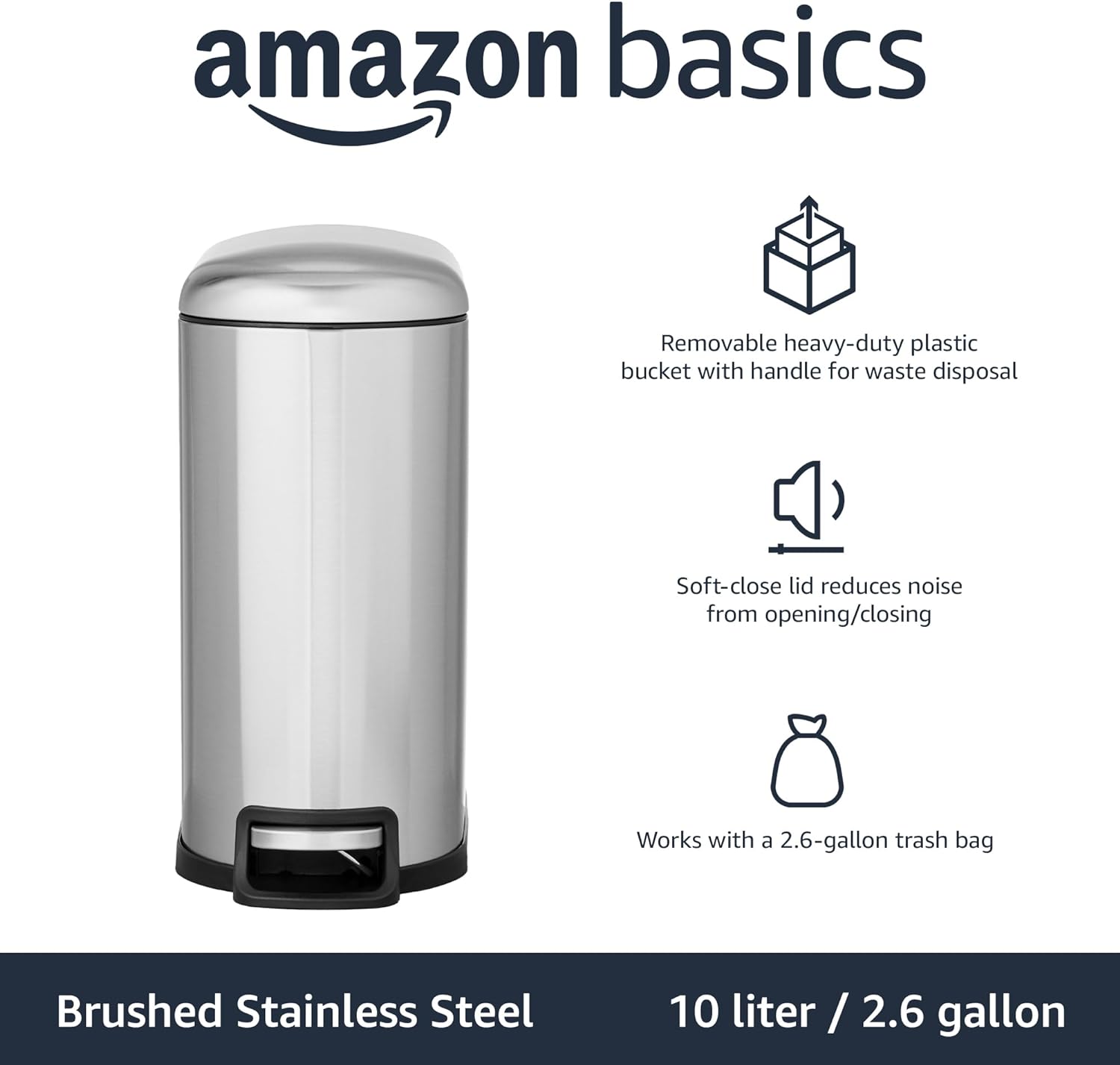 Amazon Basics D-Shaped Small Trash Can with Lid and Soft-Close Foot Pedal for Bathroom, Bedroom, Living Room, Office, Smudge Resistant, 10 l / 2.6 gallon, Silver