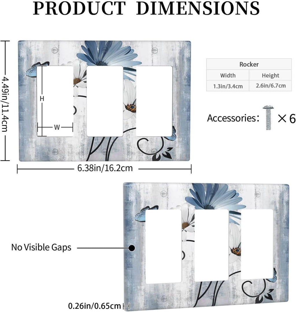 Decorative Outlet Covers Rustic Blue White Daisy Ink Flower 3 Gang Light Switch Cover Plate Triple Rocker Wall Plates for Electrical Outlets Switch Plate Covers for Bedroom Home Decor