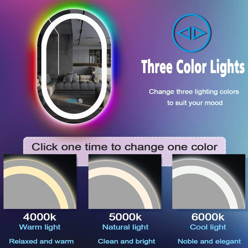 32 x 20 Inch RGB Oval Bathroom Mirror with Smart Dimmable 3 Color Front Lights & Rainbow Colorful Changing Backlit Oval Lighted Vanity Mirror for Bathroom Wall Horizontal or Vertical Mounted