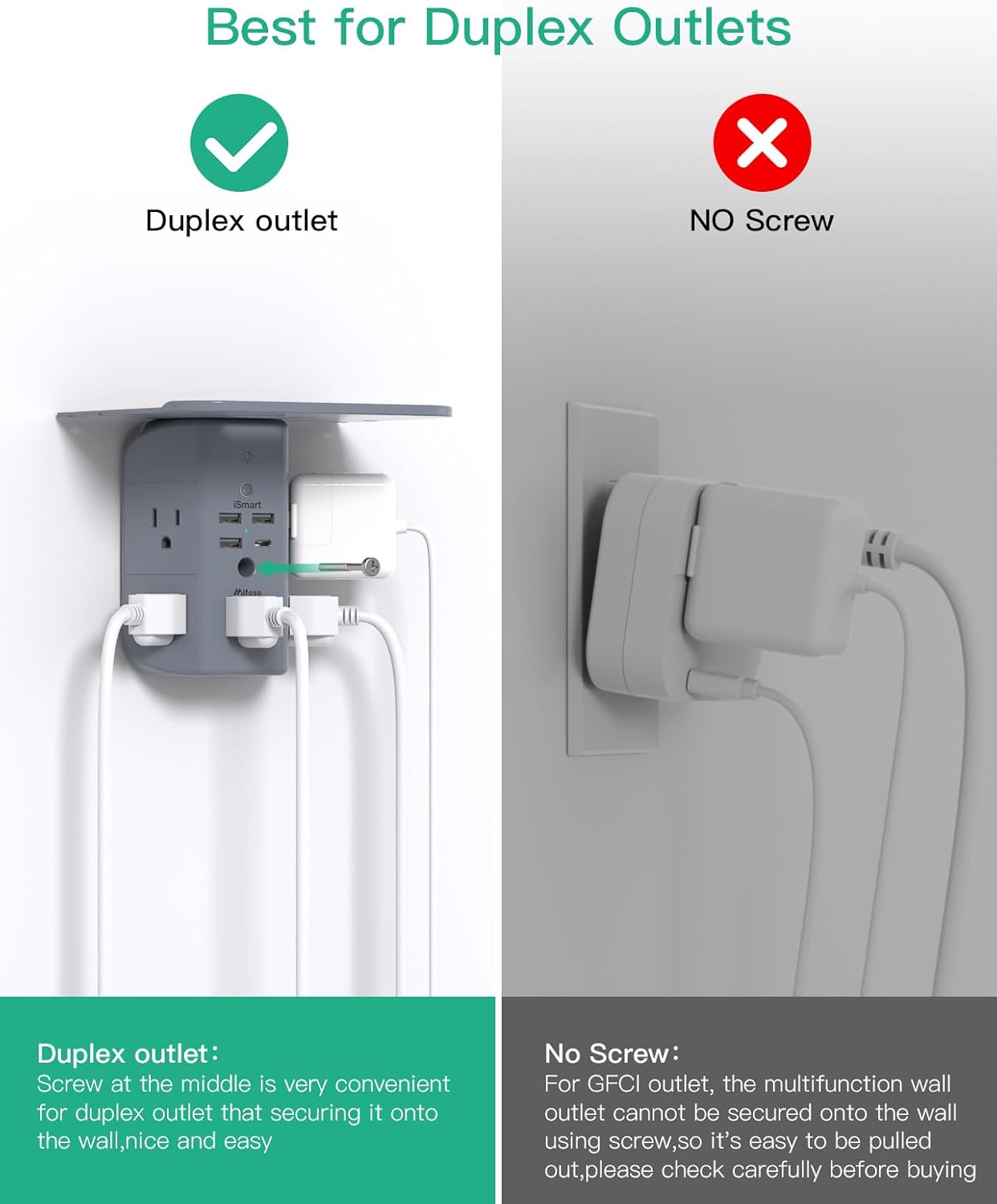 Wall Outlet Extender with Shelf and Night Light,Surge Protector,USB Wall Charger with 5 AC Outlets and 3 USB A Ports 1 USB C Outlet Wide Space 3-Sided Power Strip Multi Plug Outlets, Gray