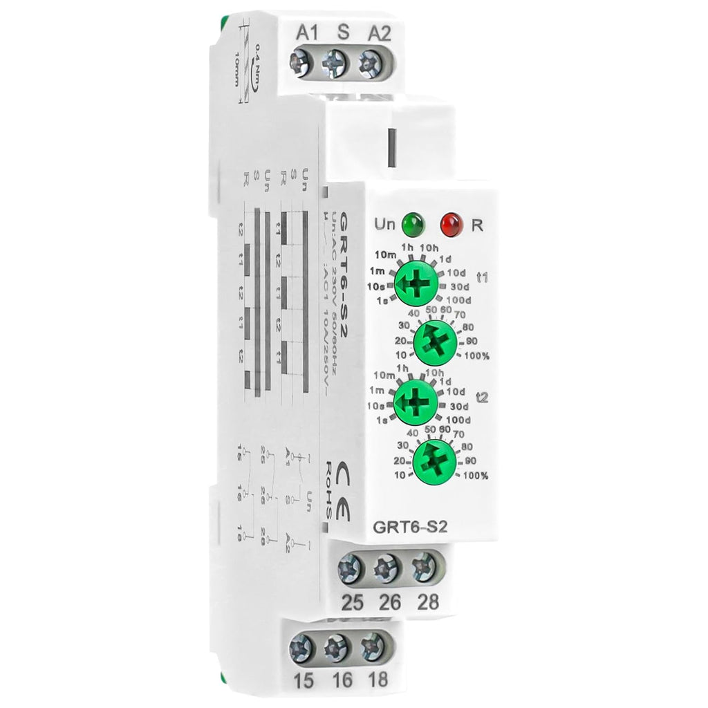 Asymmetric Cycle Timer Relay 2SPDT AC 230V 10A Long or Short Period Repeat Cycle Tntermittent Timer Electronic Relay in Din Rail (GRT6-S2 AC 230V)