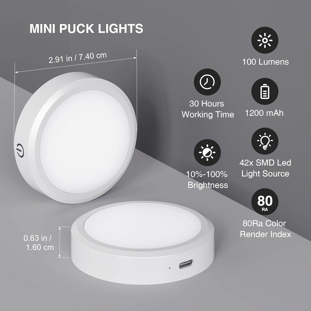 Rechargeable Puck Lights with Remote Control,LED Under Cabinet Light with Full-Screen,3 Color Temperatures Stick On Wireless, Tap for Kitchen,Cabinet,Counter,Closet,Shelf,2 Pack, White