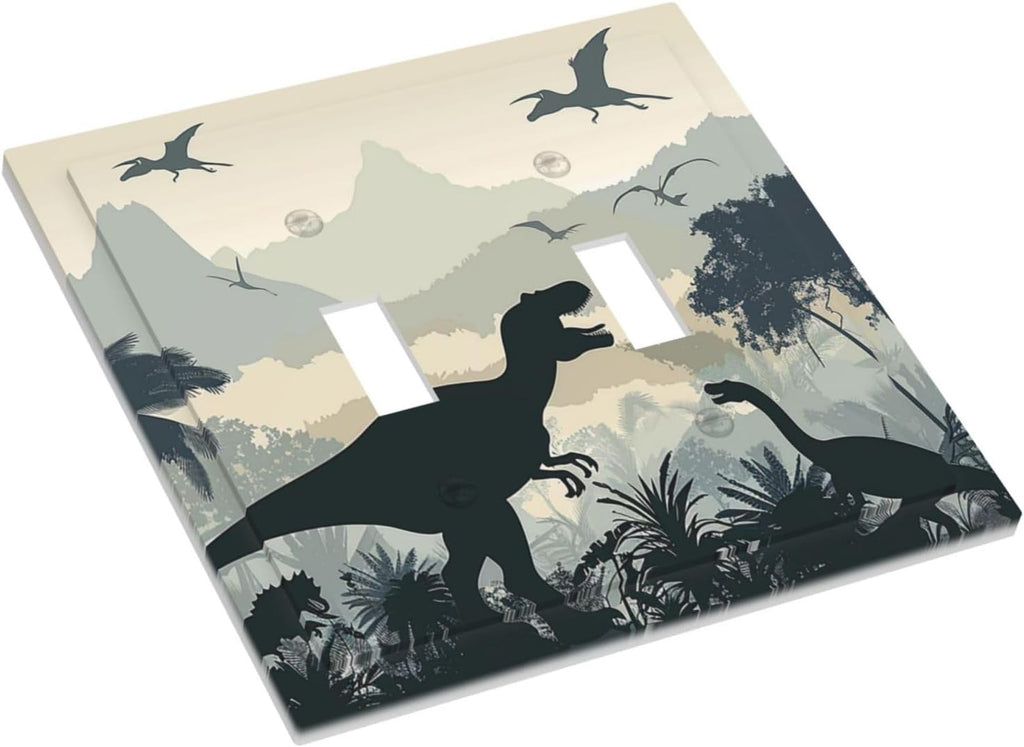 Decorative Switch Plates Prehistoric World Dinosaur Cartoon Fores 2 Gang Double Toggle Outlet Light Switch Cover Wall Plate Electrical Faceplate for Kids Room Nursery Decor