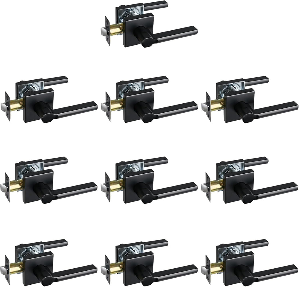 Passage Door Lever (No Lock), Heavy Duty Interior Square Handle for Hallway and Closet, Matte Black, Reversible for Right&Left Handed, 10Packs