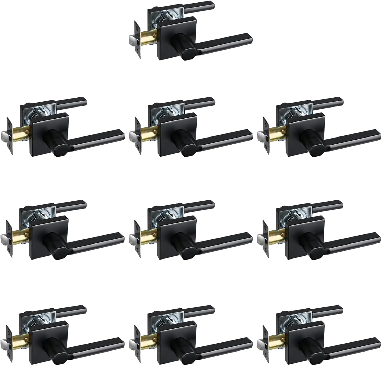 Passage Door Lever (No Lock), Heavy Duty Interior Square Handle for Hallway and Closet, Matte Black, Reversible for Right&Left Handed, 10Packs