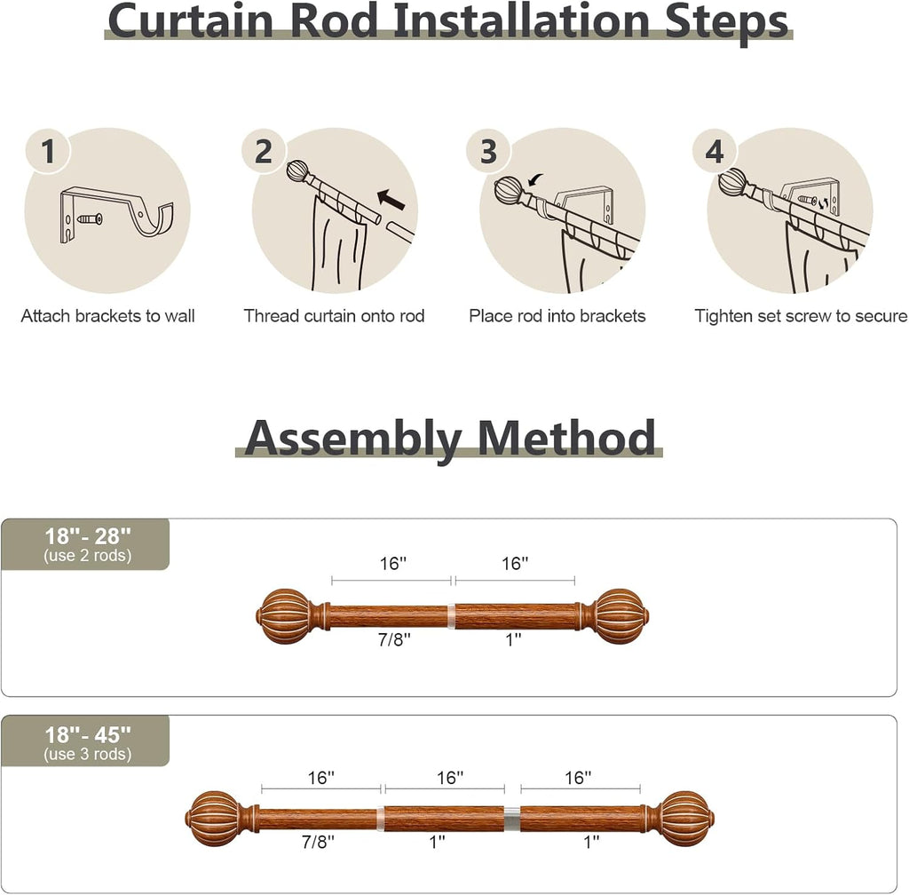 Reddish-Brown Wood Curtain Rods for Windows 28 to 48 Inch, 1'' Adjustable Heavy Duty Curtain Rod，Vintage Imitation Wood Decorative Drapery Rods with Pumpkin Finials for Bedroom Living Room