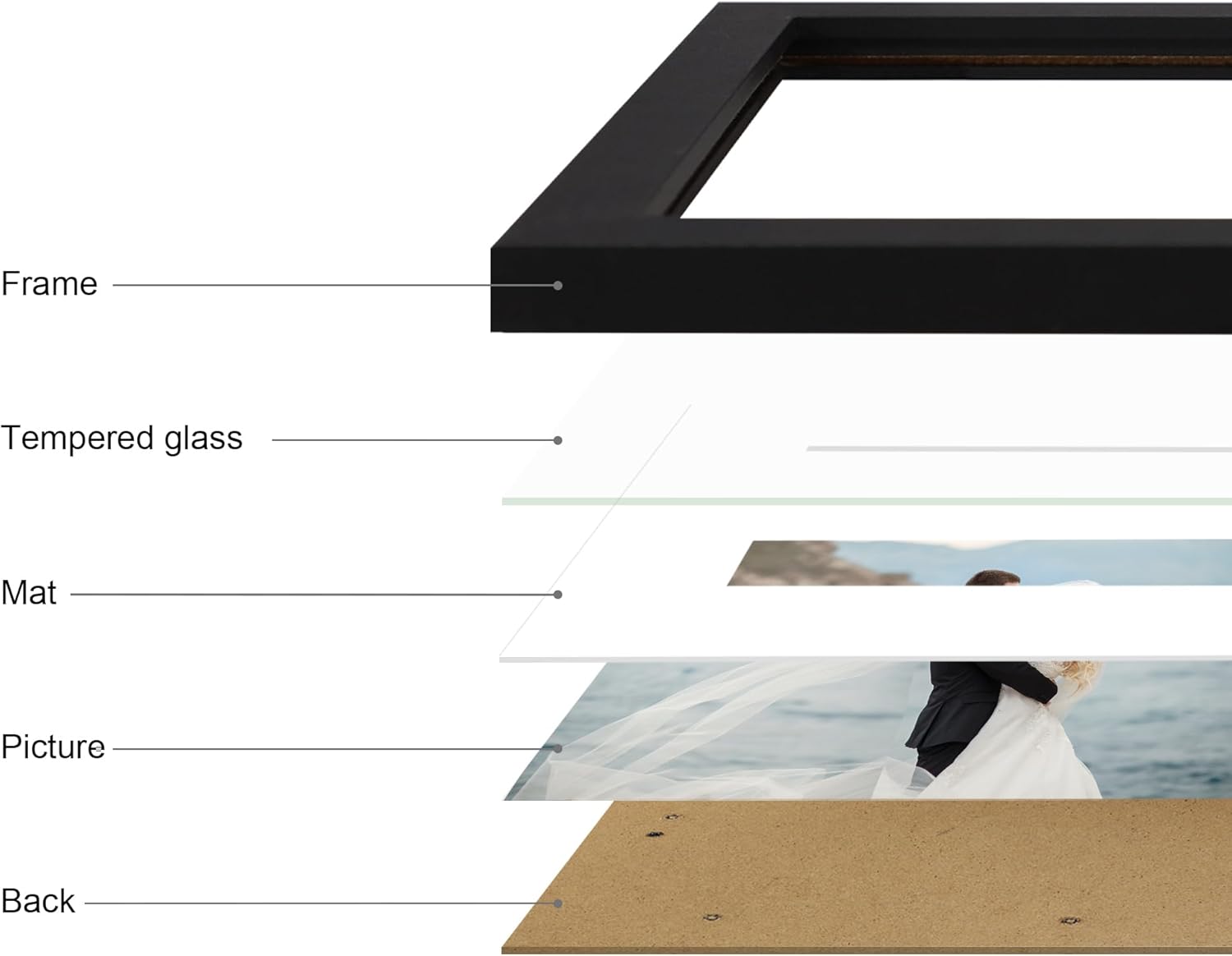 iRahmen 11x14 Picture Frame Set of 4 with Tempered Glass, Black Frame Display 8x10 Picture with Mat or 11 x 14 Without Mat, Rustic Wood Photo Frames for Horizontal or Vertical Wall Mounting