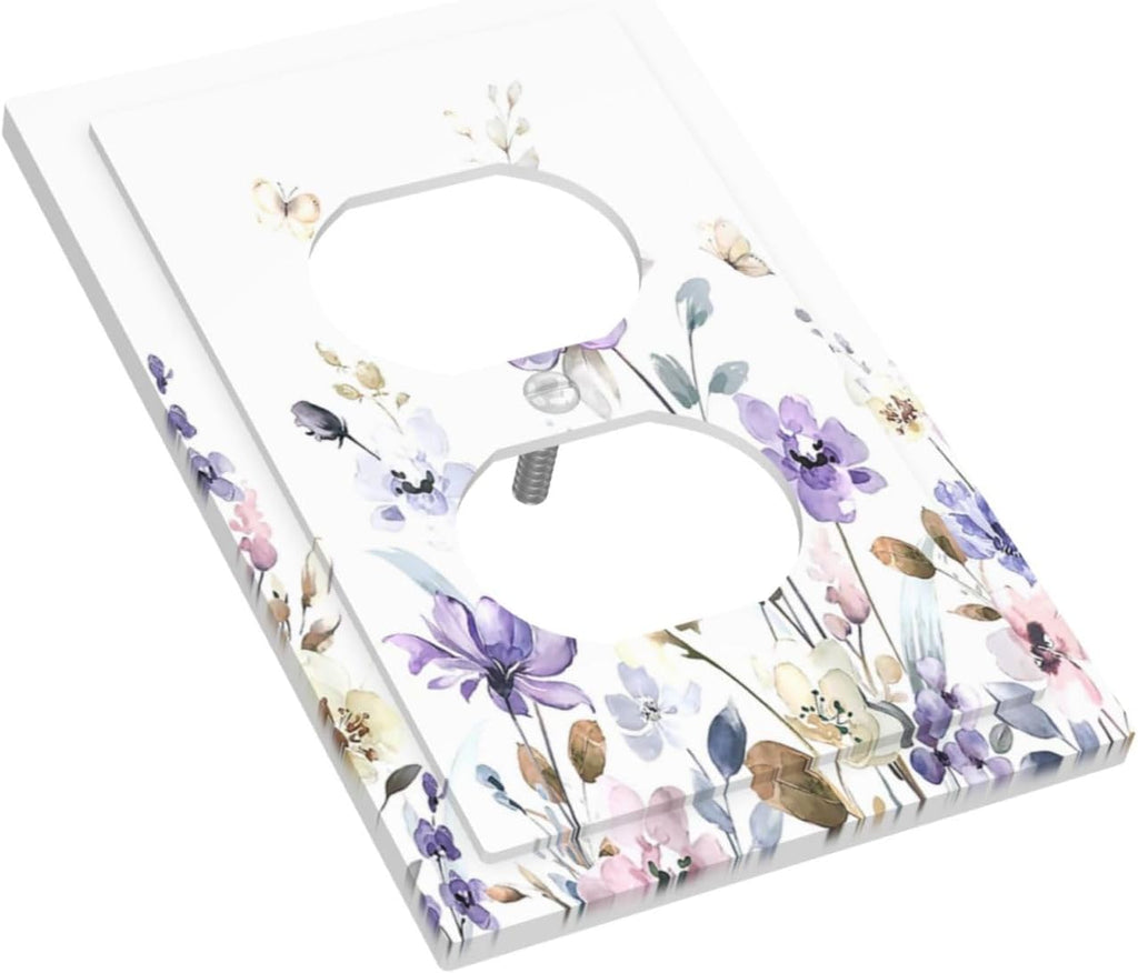 Outlet Covers Purple Floral Lilac Watercolor Flower Leaves Butterfly Wildflower 1 Gang Duplex Electrical Receptacle Faceplate Light Switch Cover Wall Plate Decorative Switch Plates for Bedroom Home