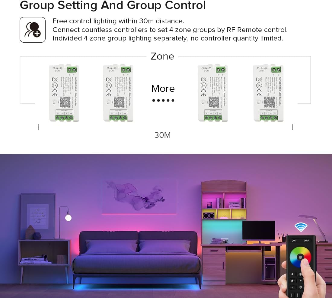 BTF-LIGHTING 2.4GHz Wireless RF Remote RC03RFB &2PCS C04RF Tuya Controller Kit 4 Zones Group Control 5050SMD FCOB COB PWM RGBW (+ R G B W) 5pin LED Strip DC5V DC12V DC24V