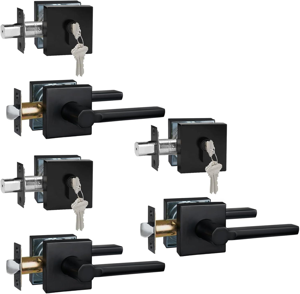 3 Sets Passage Door Lever and Single Cylinder Deadbolt Lock Set, Heavy Duty Square Handle for Entrance and Front Door, Matte Black, Different Keys