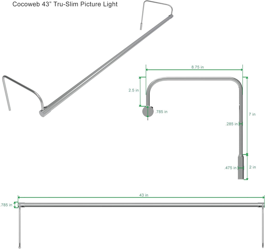 Cocoweb 43 Inch Tru-Slim Chrome Picture Light - LED, 2700K, Adjustable Arm, Plug-in, Toggle Switch, Sleek and Compact Design