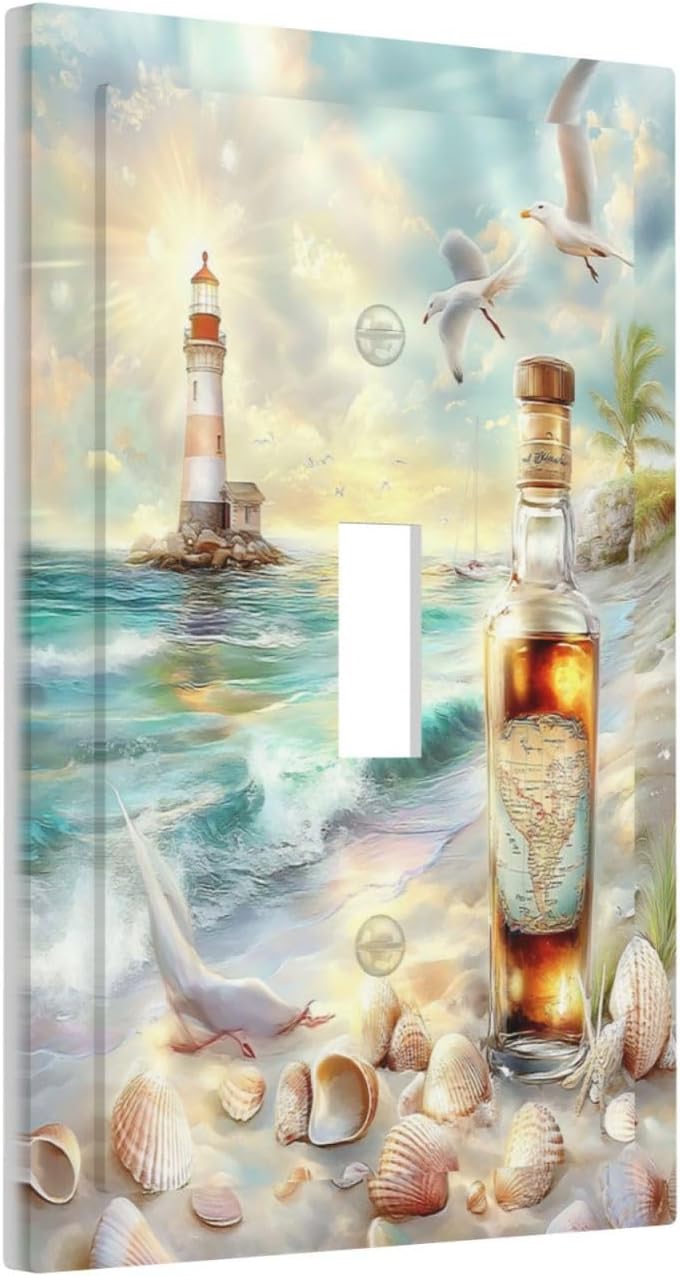 Decorative Light Switch Cover Beach Ocean Lighthouse Seashells 1 Gang Single Toggle Device Electrical Faceplate Switchplates Decorator Outlet Wall Plate For Bed Room Living Room Decor