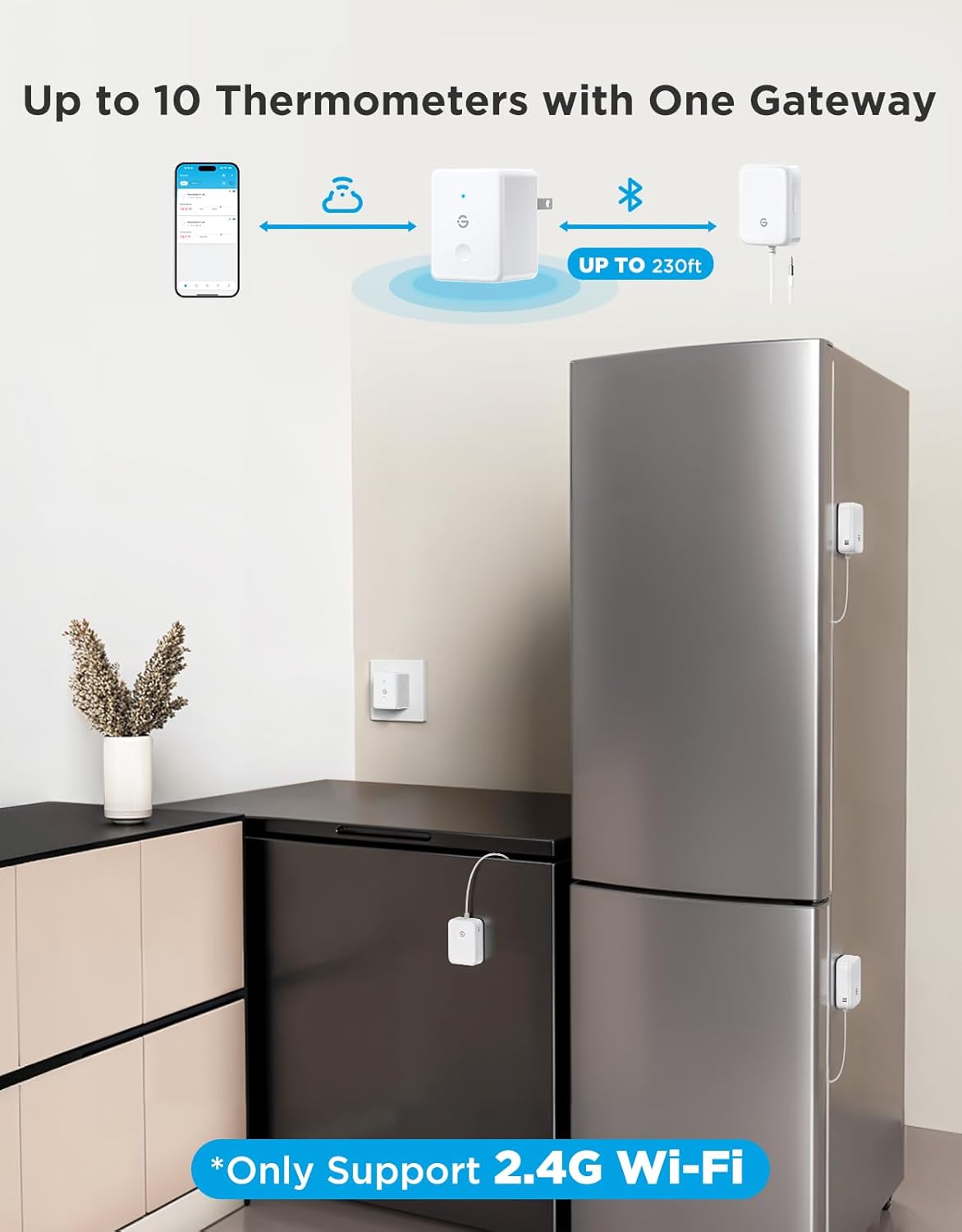 GoveeLife WiFi Refrigerator Thermometer with Alarm, Wireless Digital Freezer Temperature Gauge with App, 2 Years Free Data Export, for Home Kitchen Fridge Hot Tub 2 Pack（Only Support 2.4G Wi-Fi）