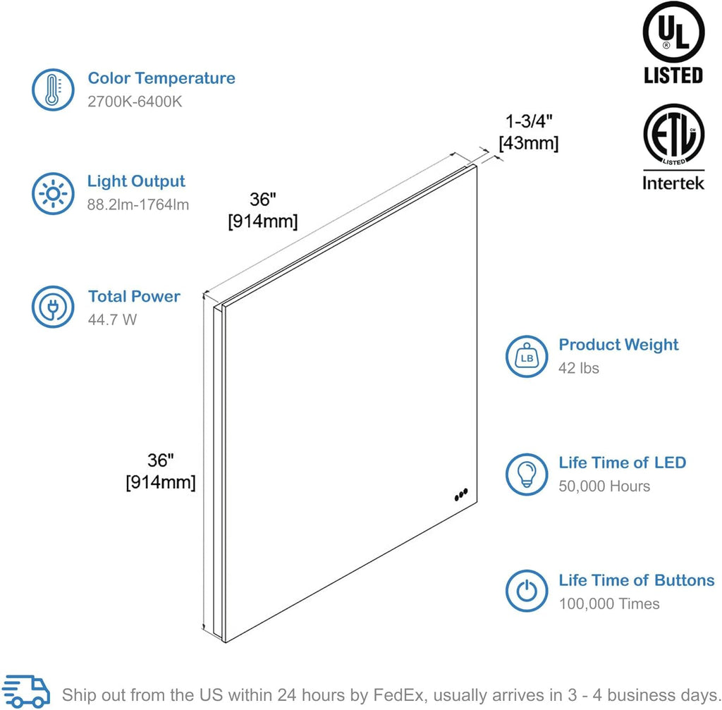 Blossom 36x36 LED Mirror for Bathroom | Backlit LED Vanity Mirror with Anti-Fog, Stepless Dimmable, 3 Color Temperature | Lighted Mirrors for Bathroom Wall | Smart Vanity Makeup Mirror with Lights