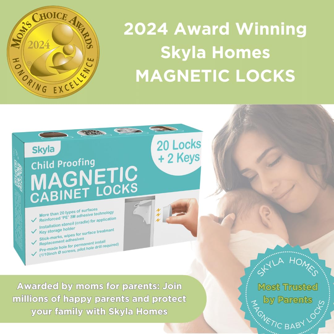 SKYLA HOMES Magnetic Cabinet Locks Baby Proofing Child Safety - The Safest Quickest and Easiest Multi-Purpose 3M Adhesive Child Proof Latches, No Screws or Tools Needed (20 Pack)